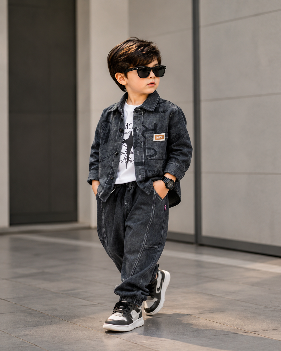 STIM111-02 Unisex Full Sleeve Oversized Denim Jacket Inner T Shirt and Pant Set