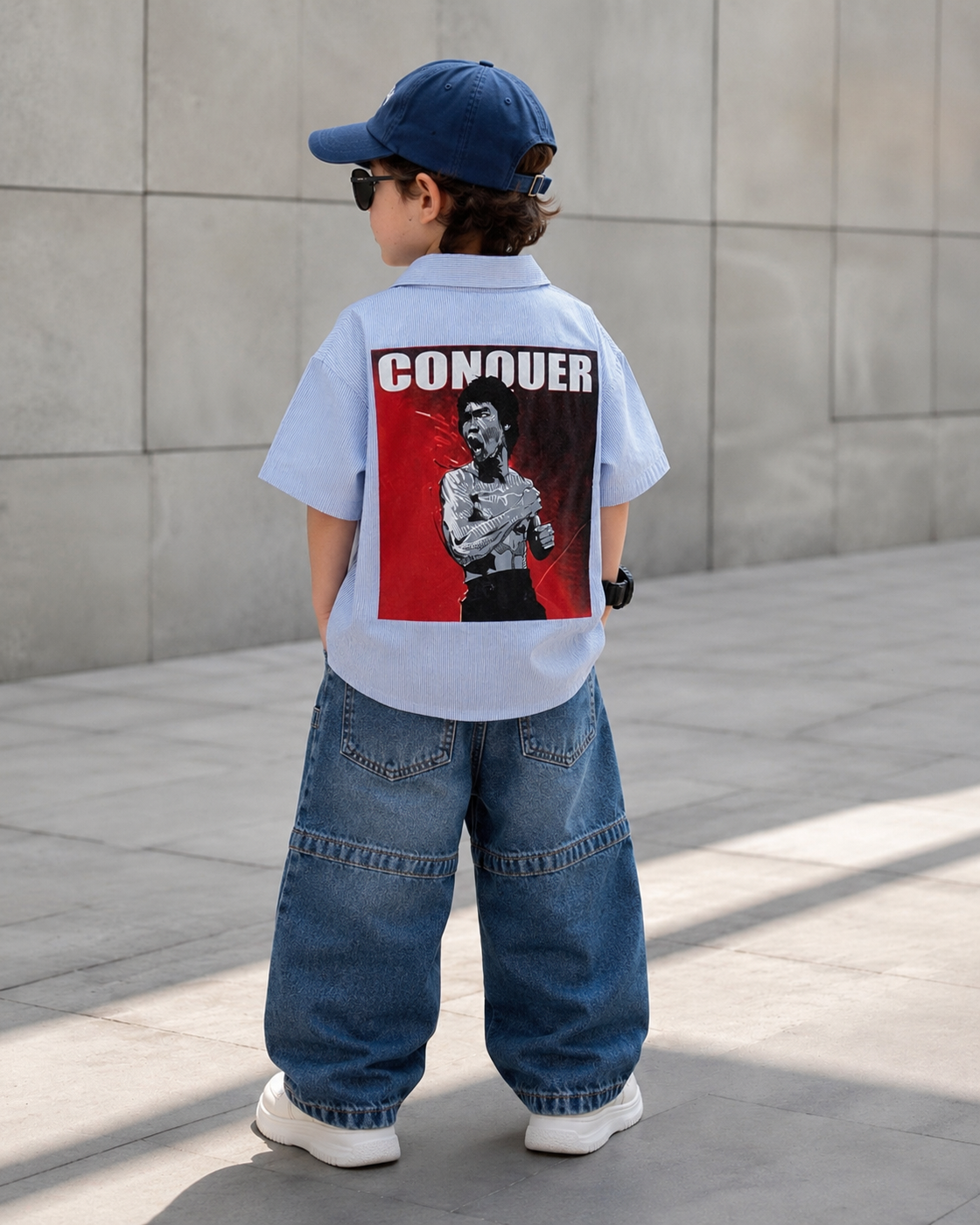 SHHS08 Boy's Half Sleeve Oversized Small Striped Back Printed Shirt