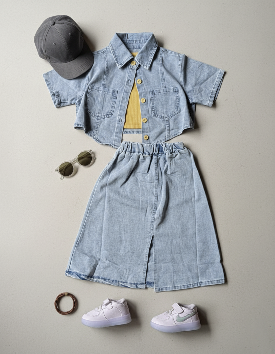 Girls Denim Top and Skirt Set with Inner