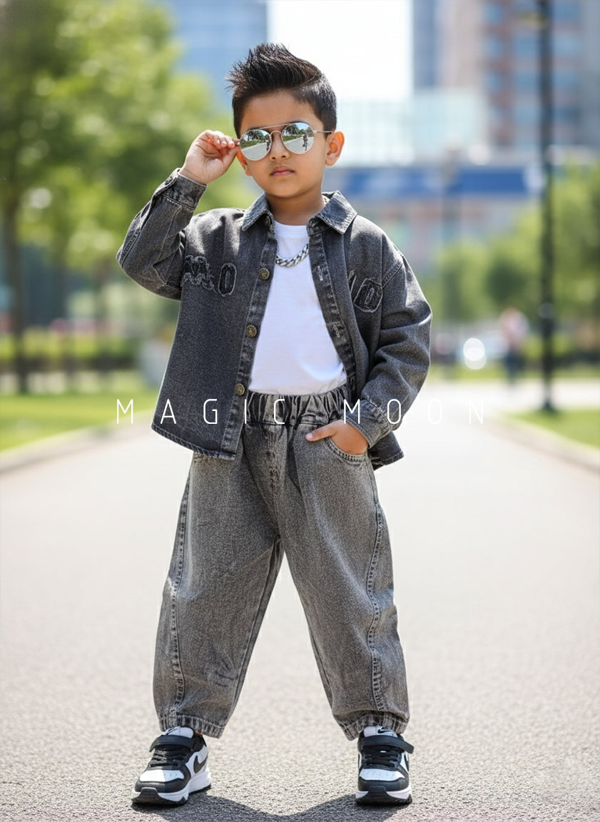 Unisex Full Sleeve Oversized Denim Jacket, Inner T Shirt and Pant Set