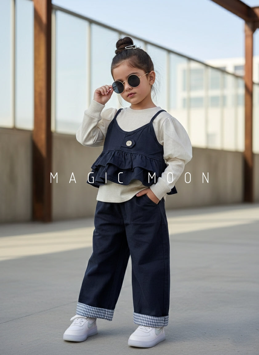 Girl's Full Sleeve Top With Layered Vest and Wide Leg Pant Set