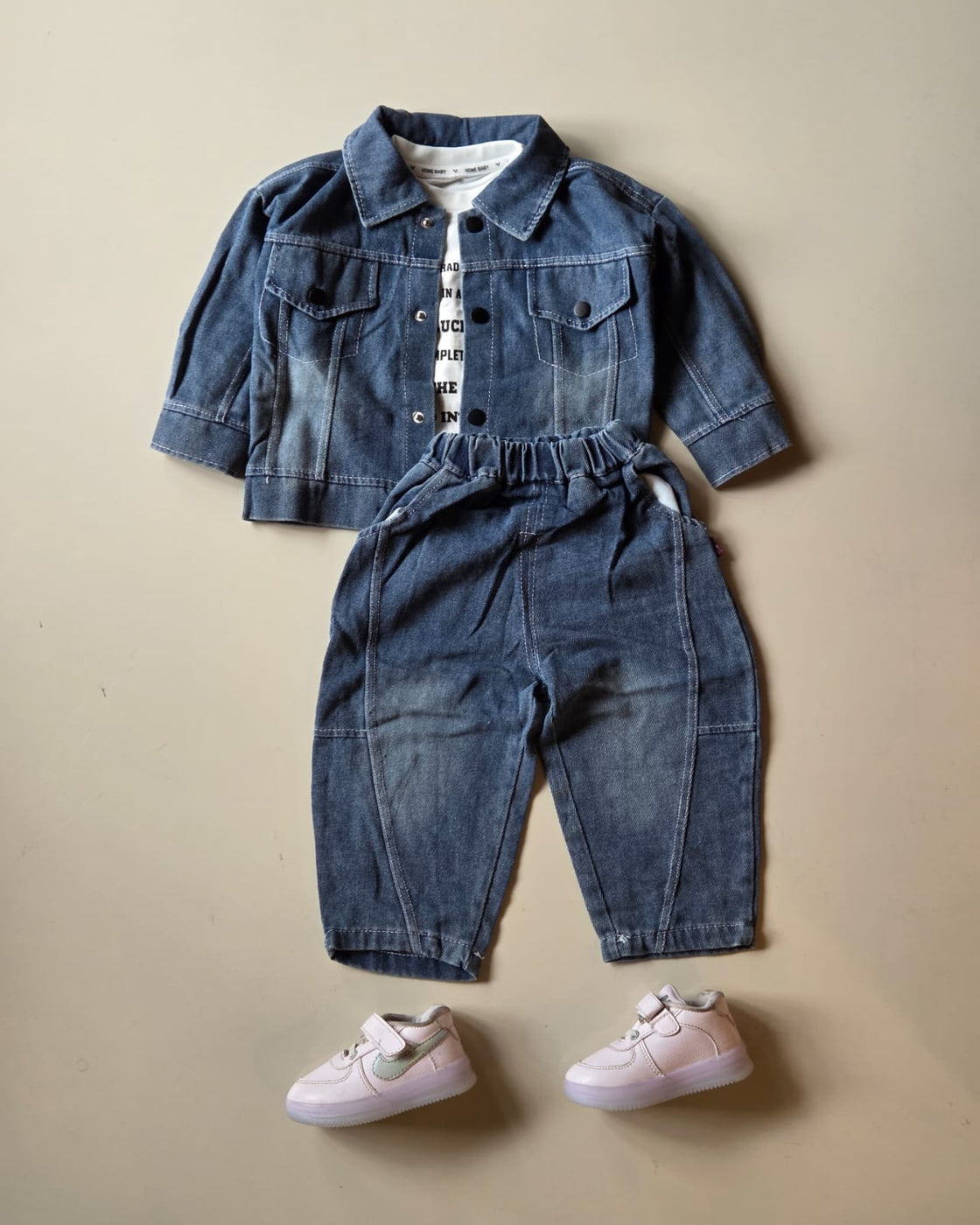 STIM108-01 Unisex Full Sleeve Oversized Denim Jacket Inner T Shirt and Pant Set