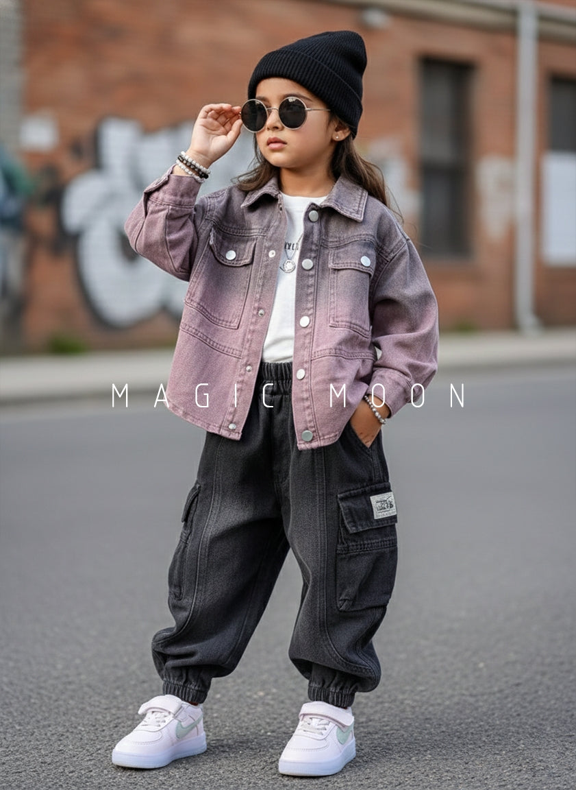 Unisex Full Sleeve Oversized Denim Jacket, Inner T Shirt and Pant Set