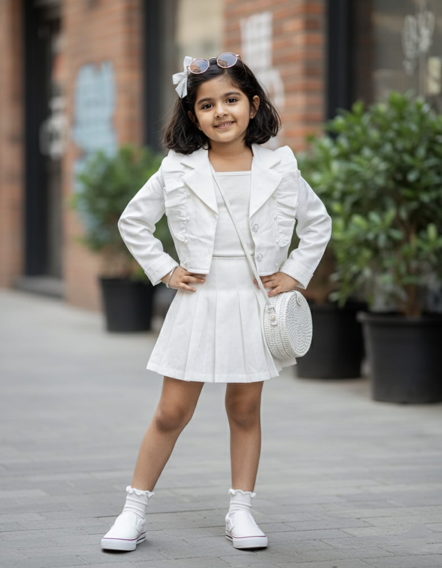 Girl's Full Sleeve Blazer, Inner Vest and Skirt Set