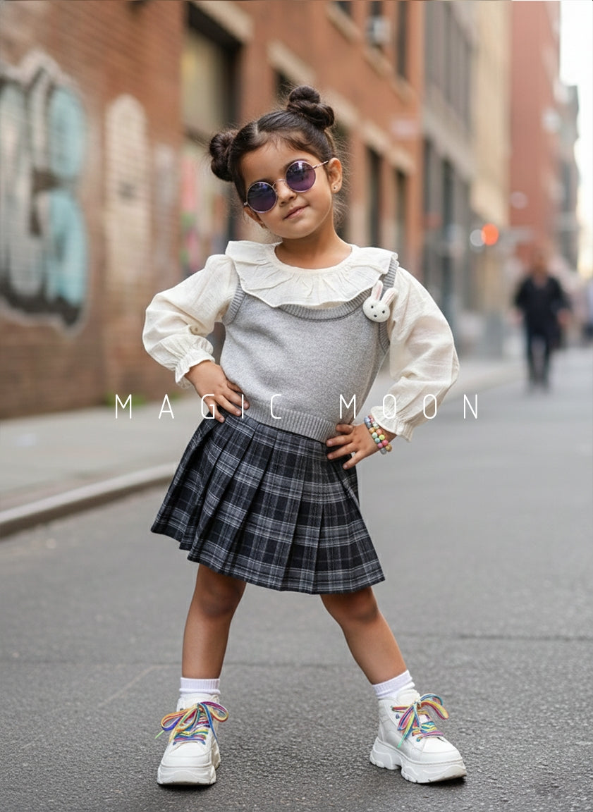 Girl's Full Sleeve Peter Pan Collar Top with Knitted Vest and Skirt Set