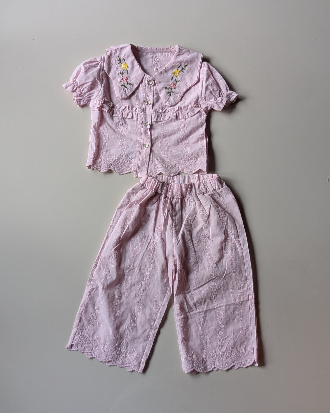 GST03 Girl's Half Sleeve Embroidered Top with Wide Leg Pant Set