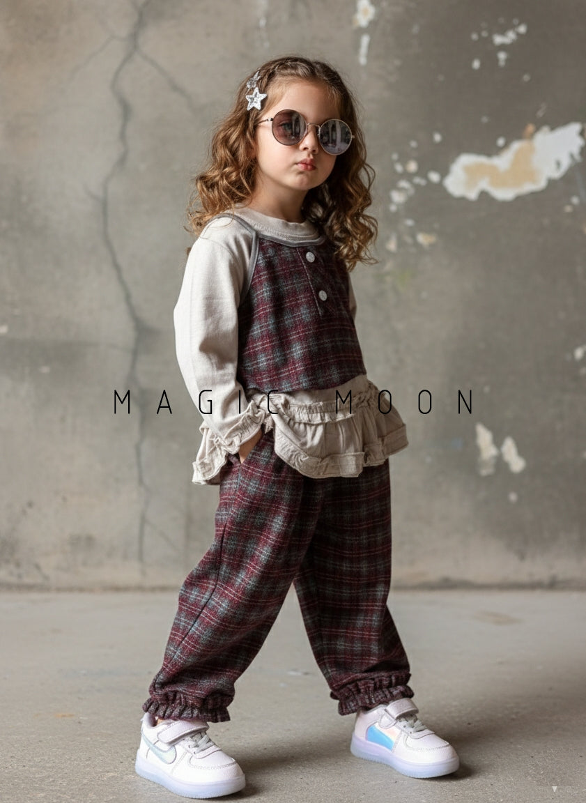Girl's Full Sleeve Top with Vest and Wide Leg Pant Set