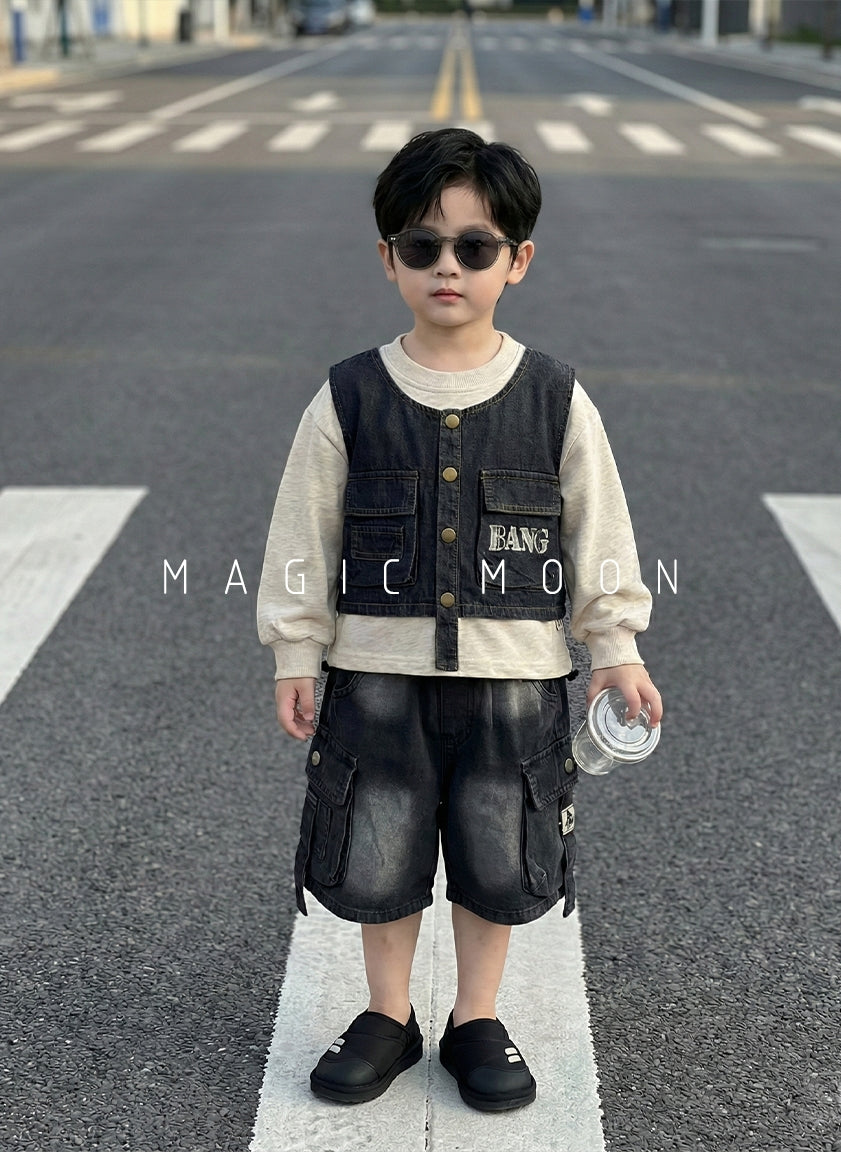 Unisex Full Sleeve Denim Attached Vest Oversized T Shirt