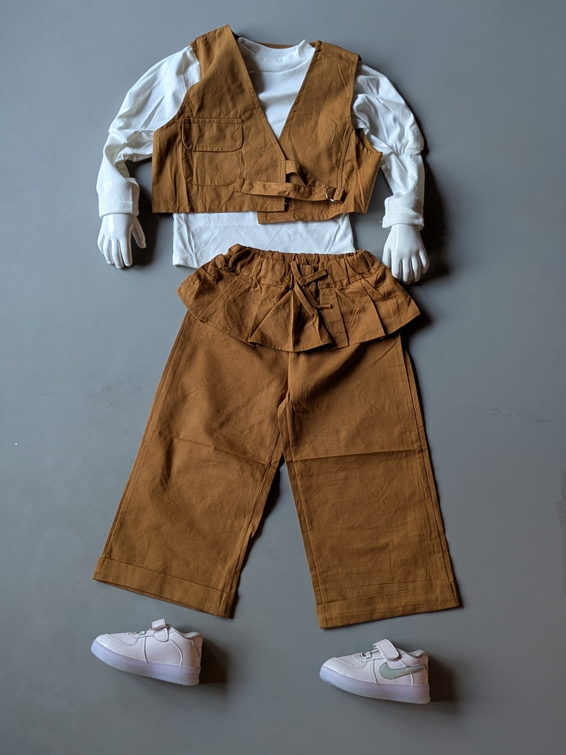 Girl's Full Sleeve Top with Vest and Wide Leg Pant Set