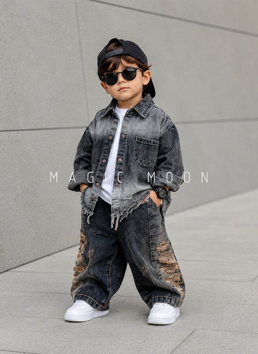 SHFS19 Unisex Full Sleeve Oversized Distressed Denim Shirt