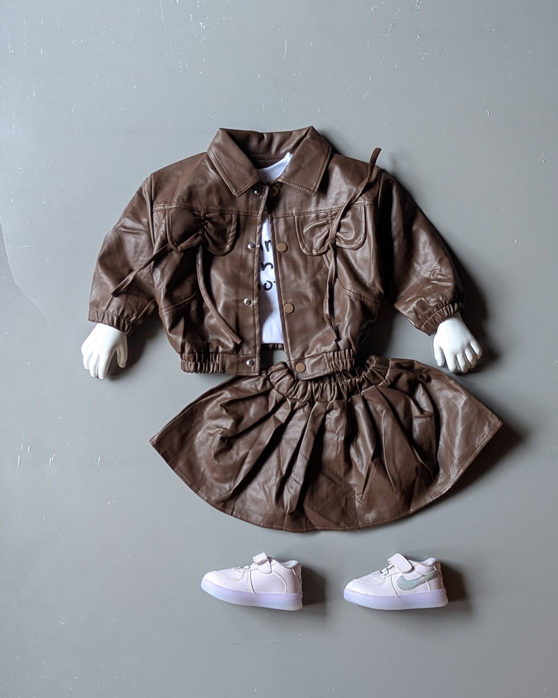 Girl's Full Sleeve Leather Jacket, Inner T Shirt with Leather Skirt Set