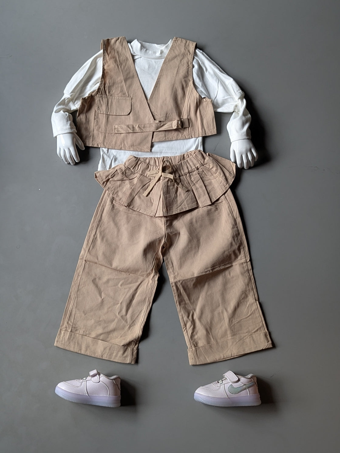 Girl's Full Sleeve Top with Vest and Wide Leg Pant Set