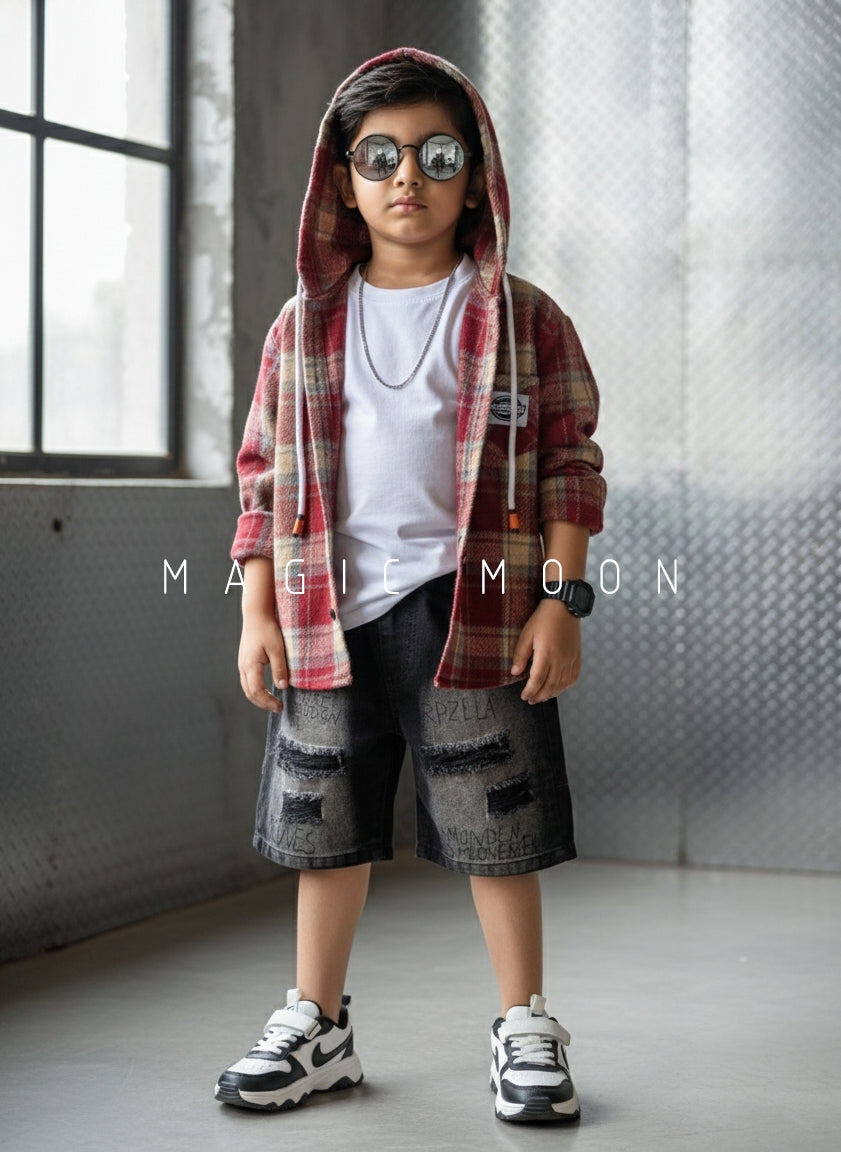 Unisex Check Hooded Shirt