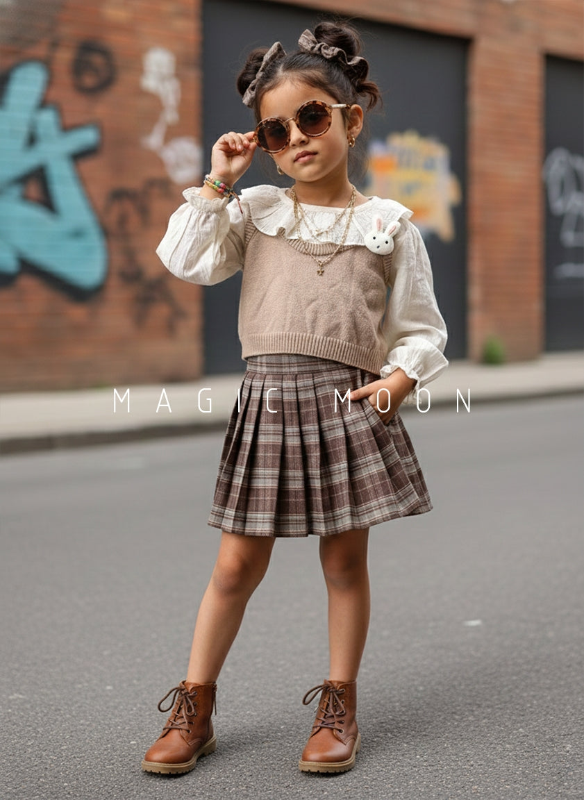 Girl's Full Sleeve Peter Pan Collar Top , Knitted Vest with Skirt Set