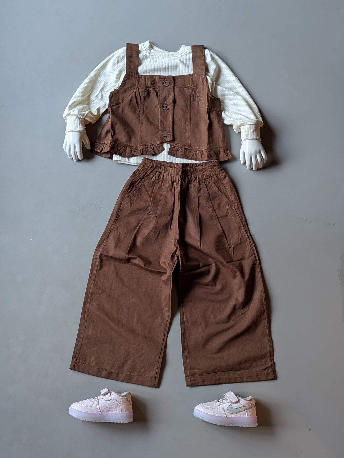 Girl's Full Sleeve Top with Vest and Wide Leg Pant Set