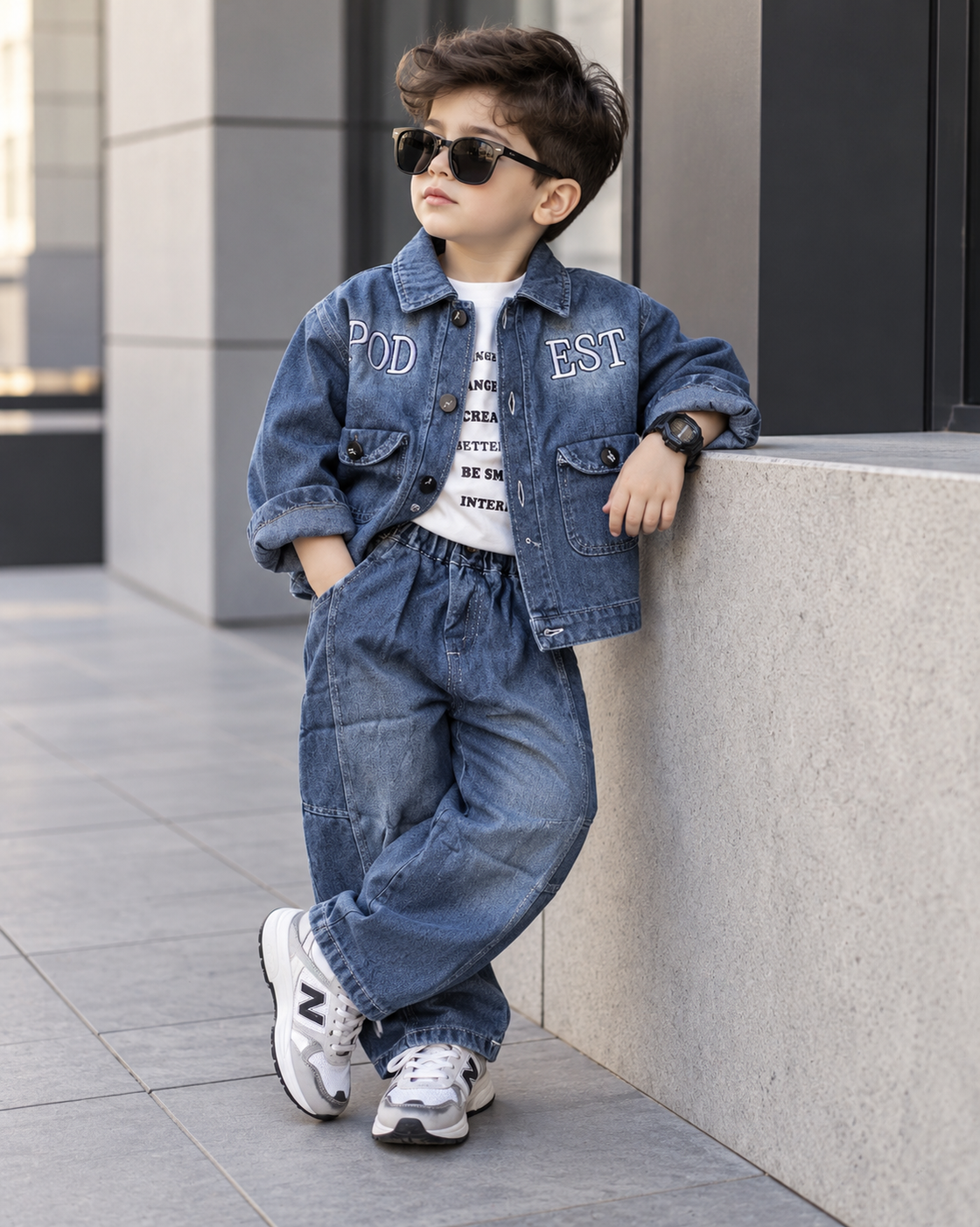 STIM119-01 Unisex Full Sleeve Oversized Denim Jacket Inner T Shirt and Pant Set