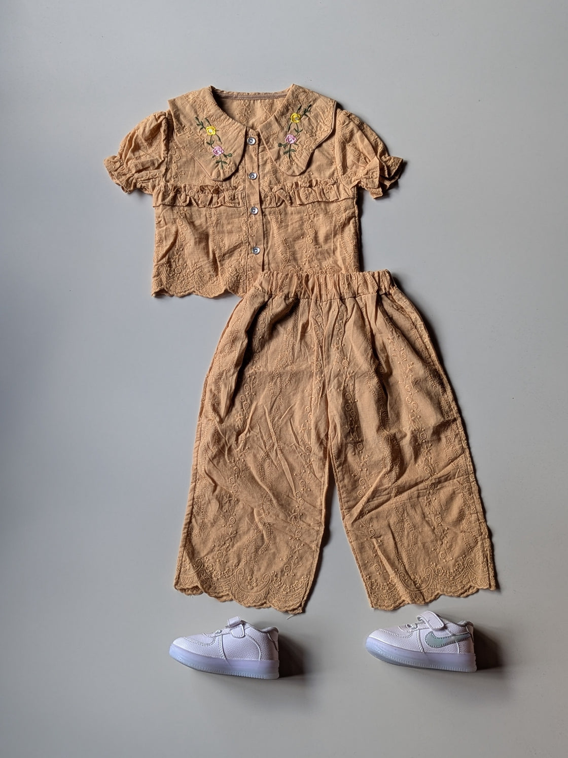 GST03 Girl's Half Sleeve Embroidered Top with Wide Leg Pant Set