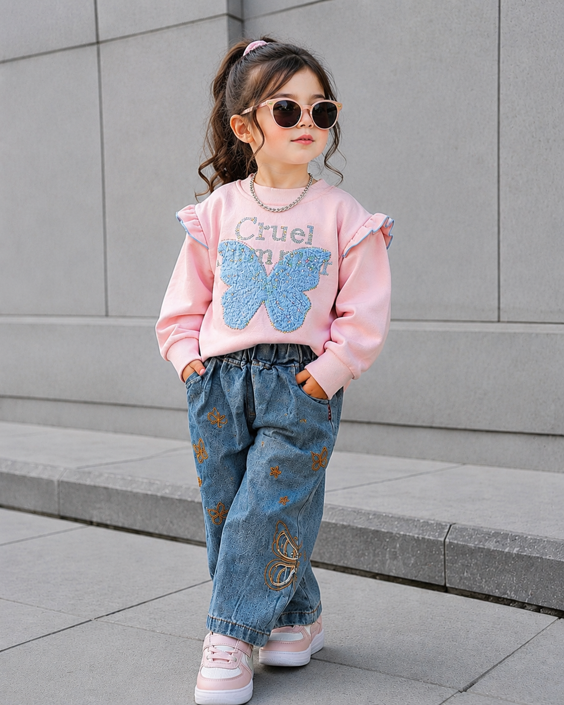 GST05C1-02 Girl's Full Sleeve Oversized T Shirt and Wide Leg Pant Set