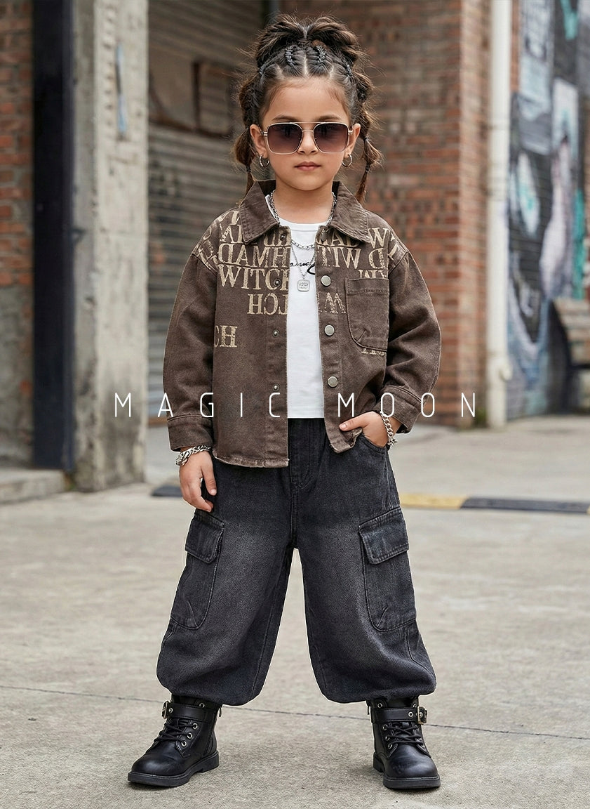 Unisex Full Sleeve Oversized Denim Jacket, Inner T Shirt and Cargo Pant Set