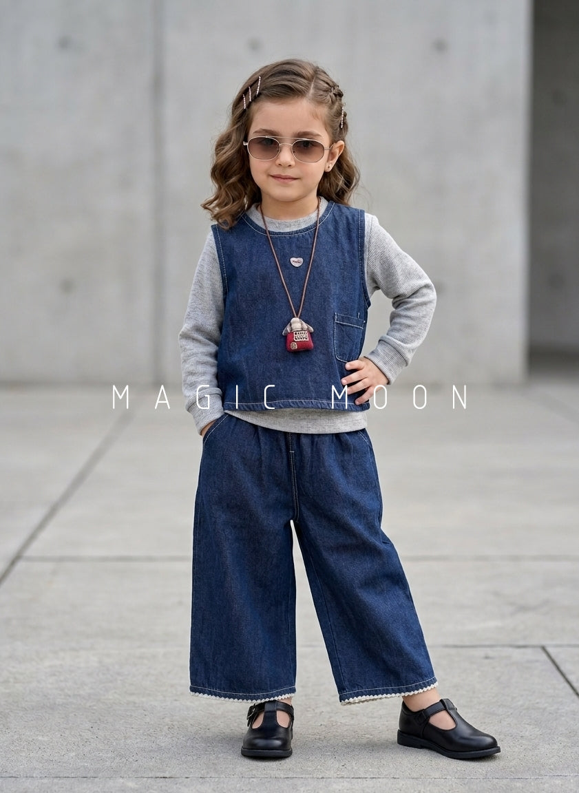 GST01 Girl's Full Sleeve Top, Denim Vest with Attached Chain and Wide Leg Pant Set