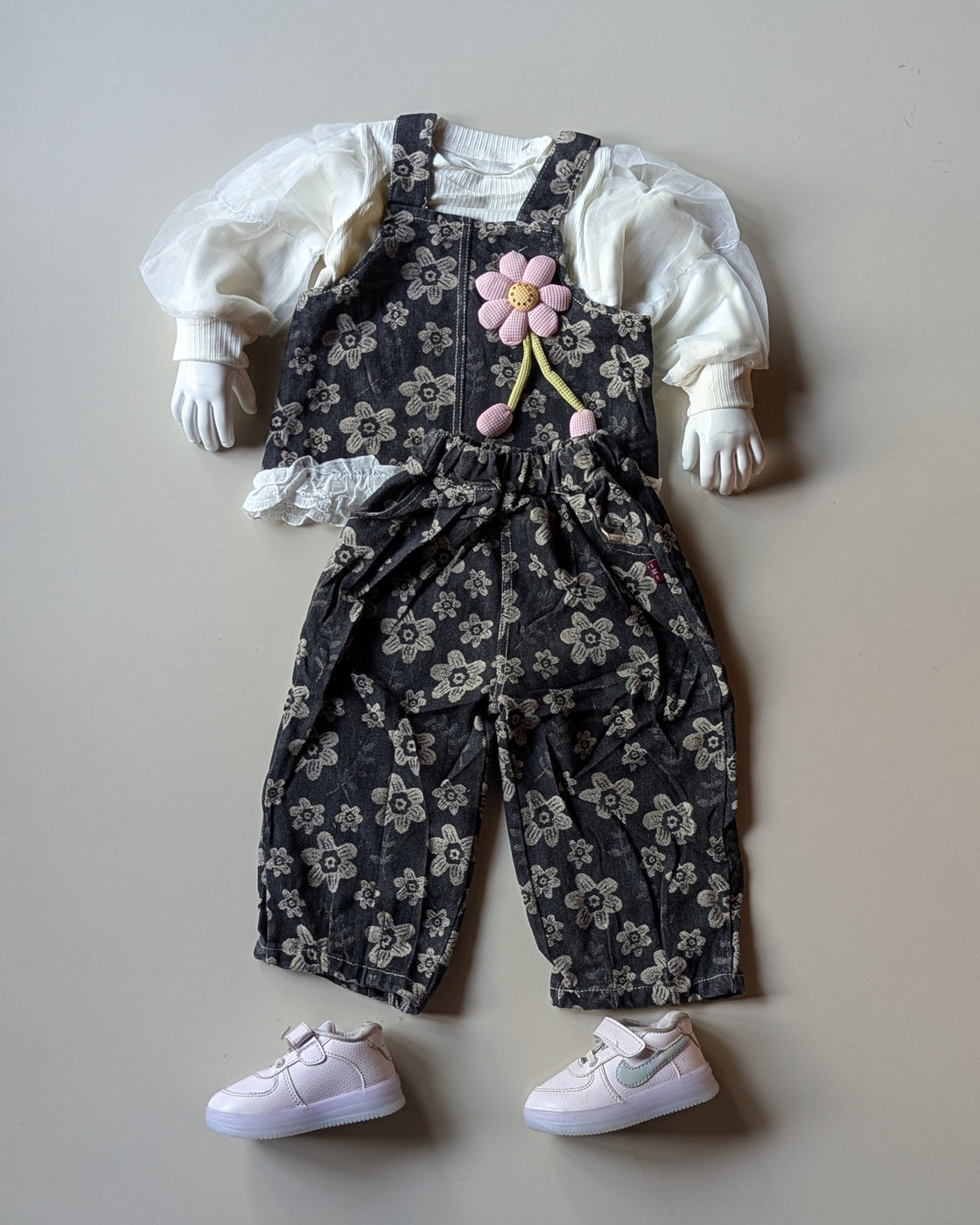 GST04B1-02 Girls Full Sleeve Oversized Top Denim Vest and Wide Leg Pant Set