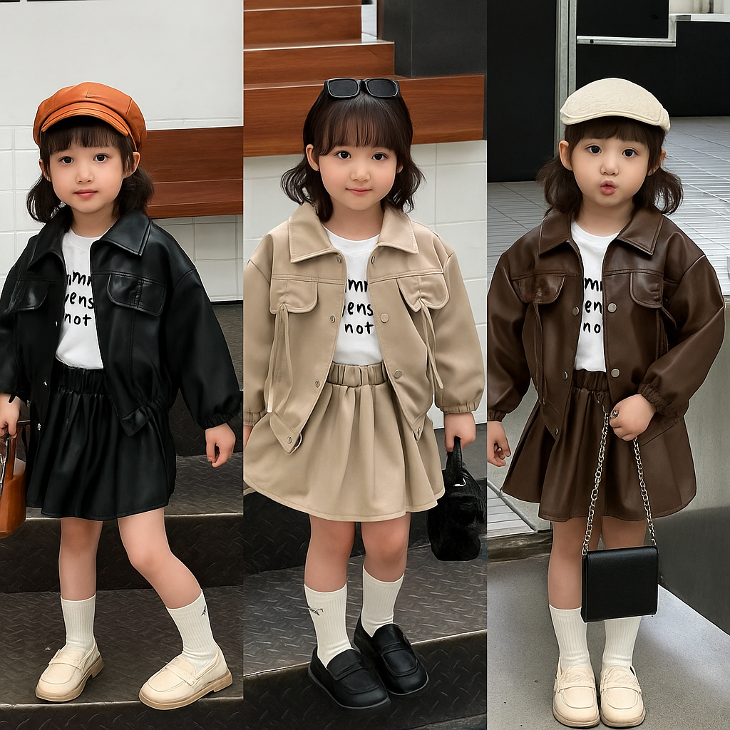 Girl's Full Sleeve Leather Jacket, Inner T Shirt with Leather Skirt Set
