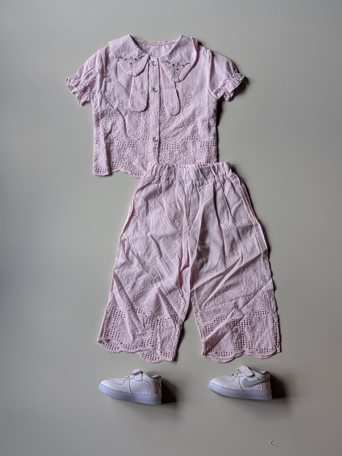 GST03 Girl's Half Sleeve Embroidered Top with Wide Leg Pant Set
