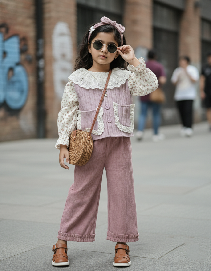Full Sleeve Top with Vest and Wide Leg Pant Set