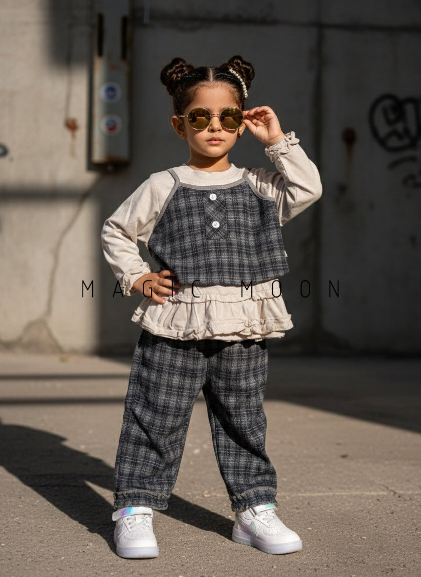 Girl's Full Sleeve Top with Vest and Wide Leg Pant Set