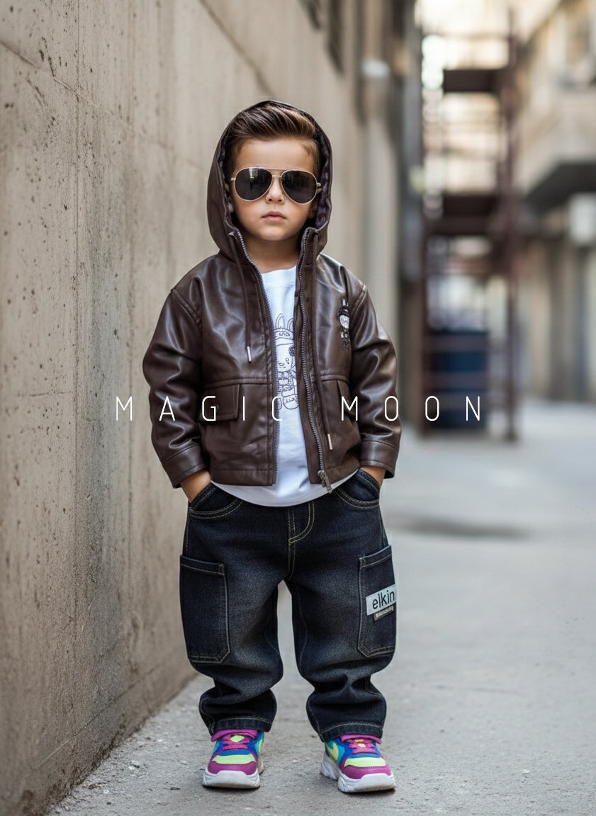 Unisex Full Sleeve Oversized Hooded Leather Jacket Inner T Shirt and Pant Set