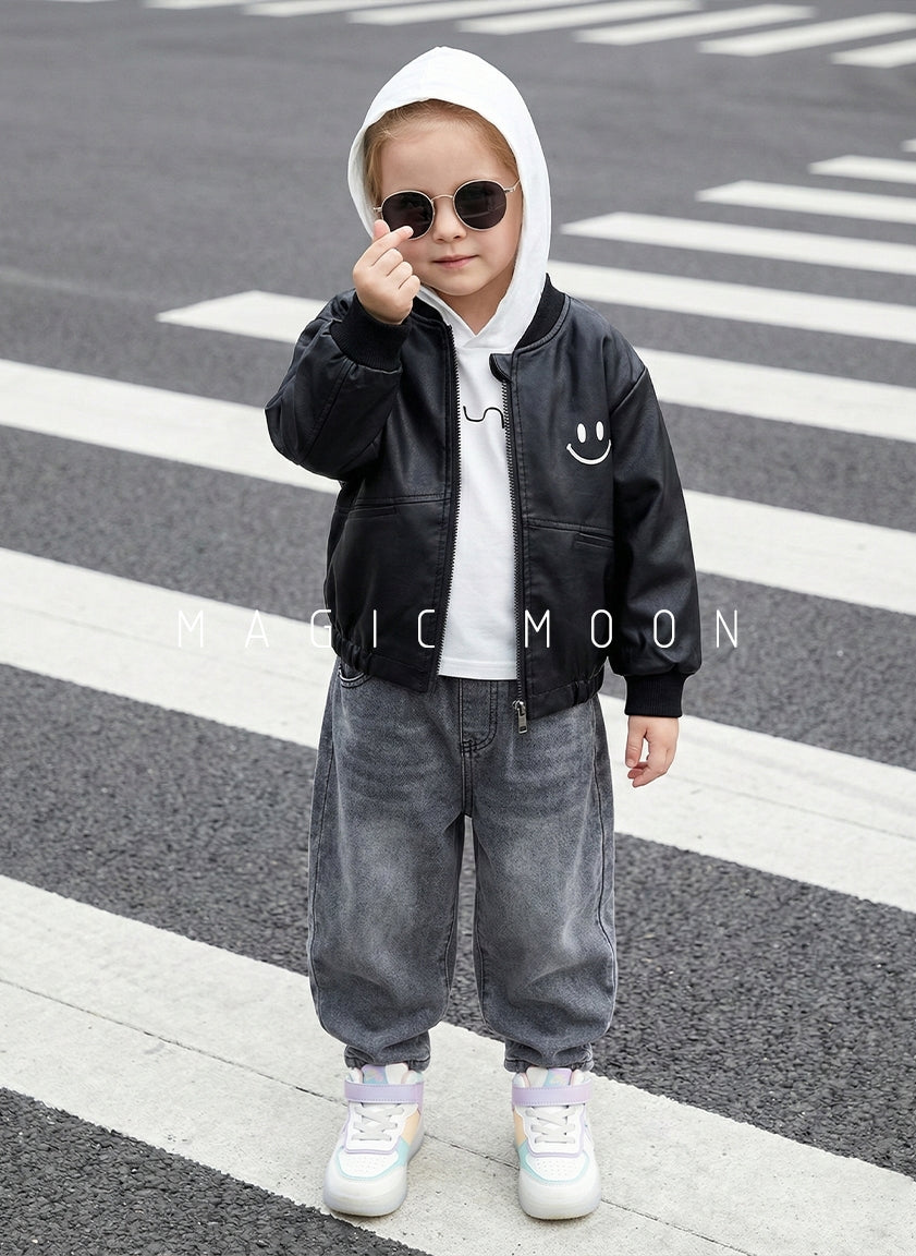 Unisex Full Sleeve Oversized Leather Jacket, Hooded Inner T Shirt and Pant Set