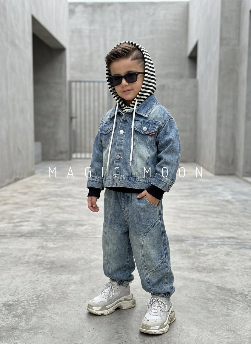 ST100 Unisex Full Sleeve Oversized Denim Jacket Hooded Inner T Shirt and Pant Set