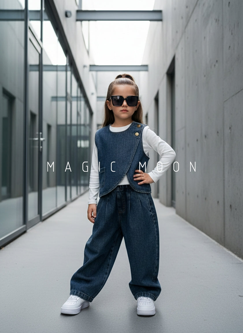 Girl's Full Sleeve Oversized Top with Denim Vest and Wide Leg Pant Set