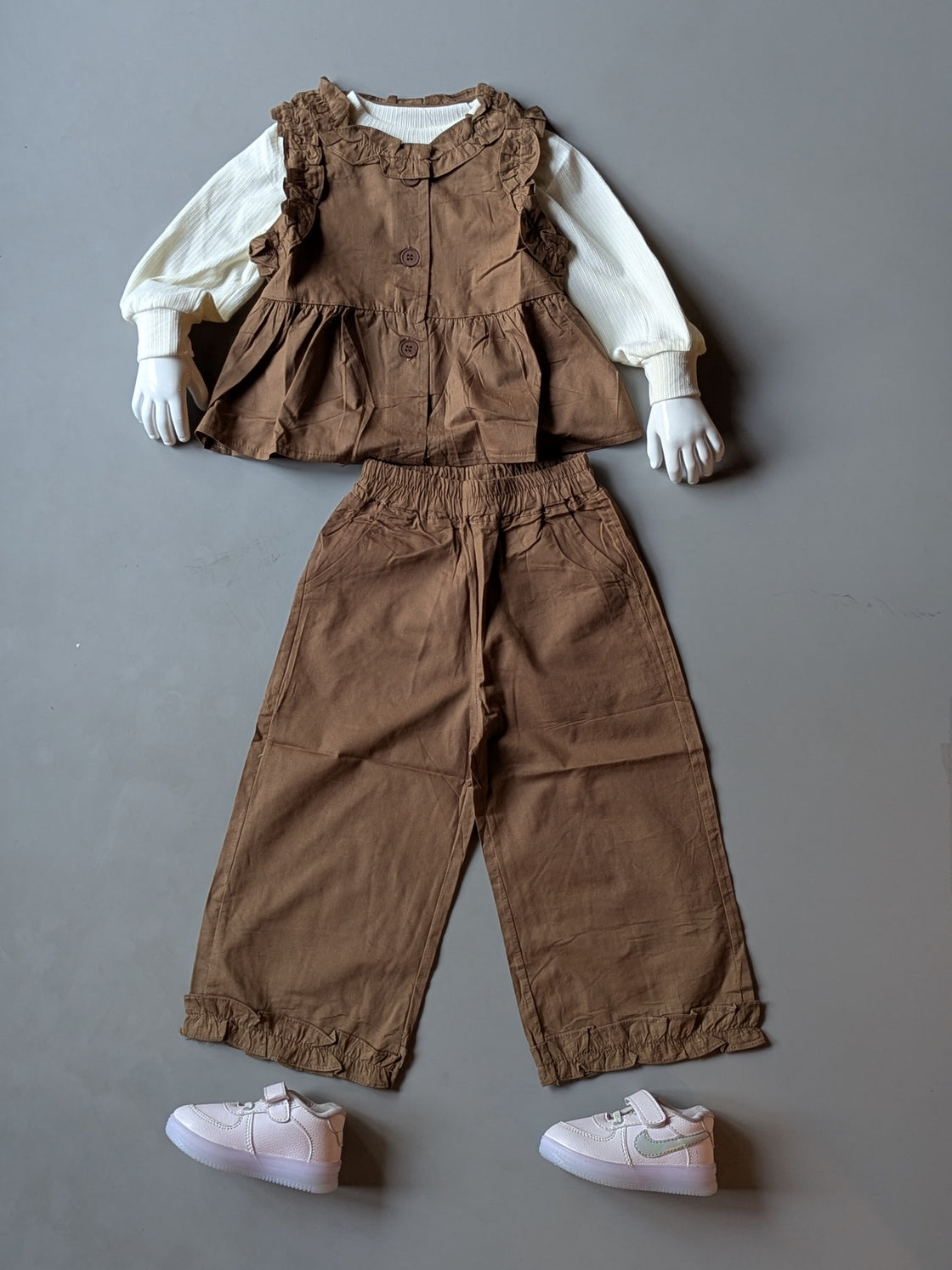 Girl's Full Sleeve Top with Vest and Wide Leg Pant Set