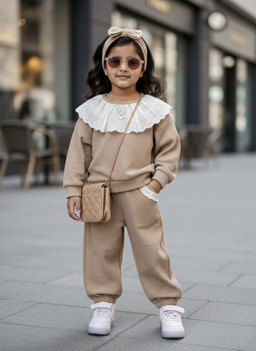 Girl's Full Sleeve Peter Pan Collar T Shirt with Pant Set