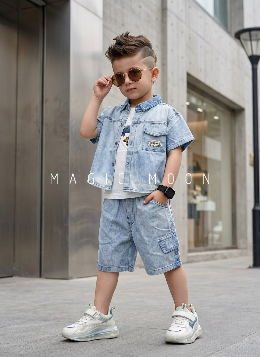 ST101 Unisex Half Sleeve Oversized Denim Shirt with Inner T Shirt and Shorts Set