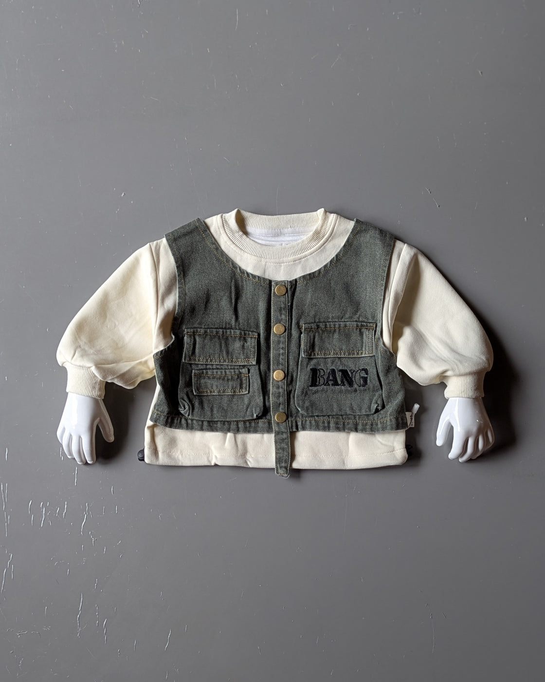 Unisex Full Sleeve Denim Attached Vest Oversized T Shirt