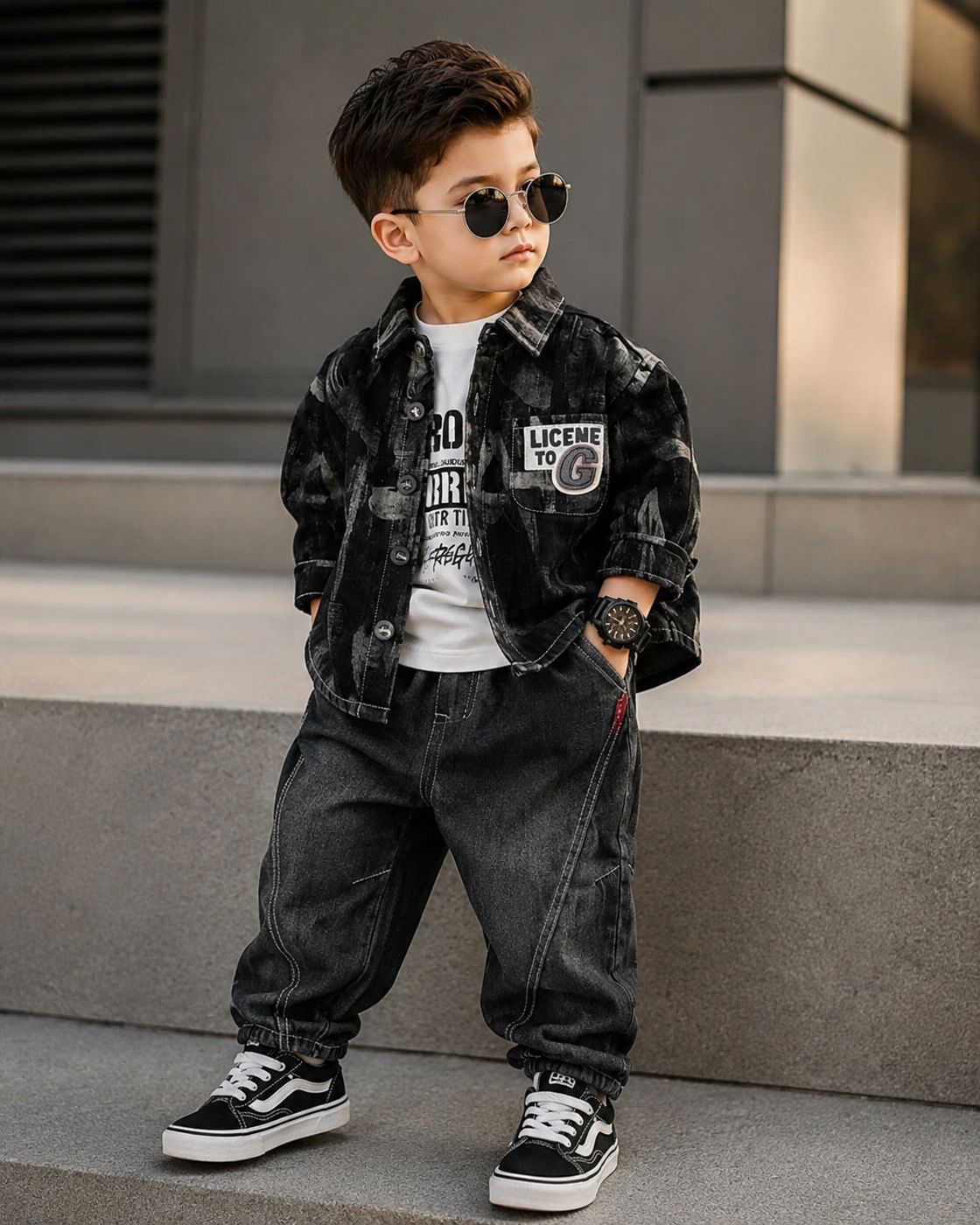 STIM110-02 Unisex Full Sleeve Oversized Denim Jacket Inner T Shirt and Pant Set