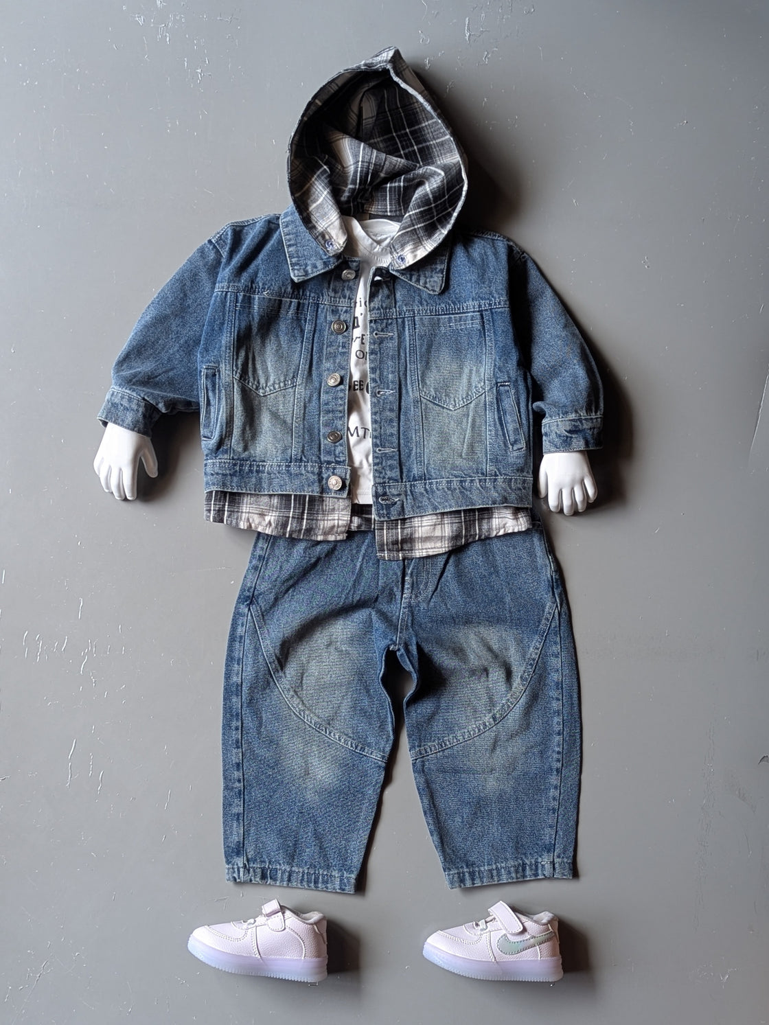 Unisex Full Sleeve Denim Hooded Jacket, Inner T Shirt and Pant Set