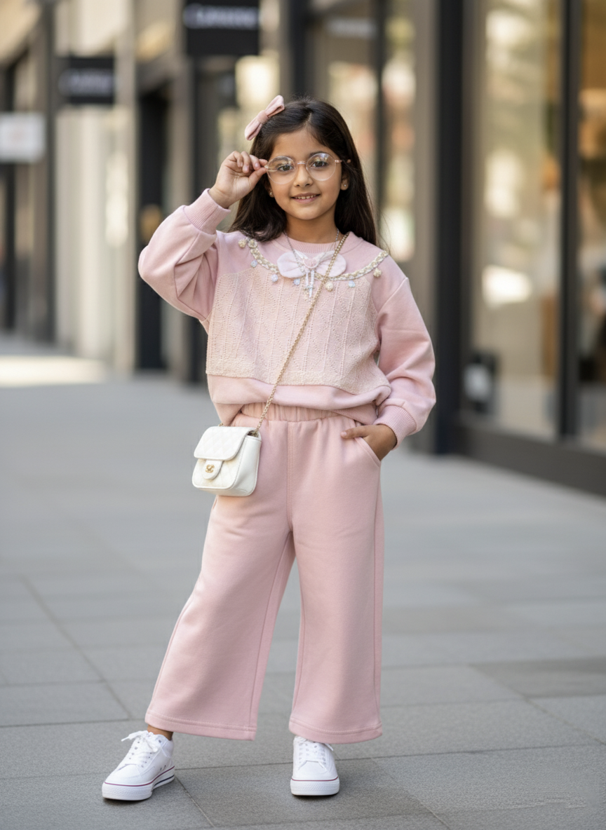 Girl's Full Sleeve Oversized T Shirt with Wide Leg Pant Set