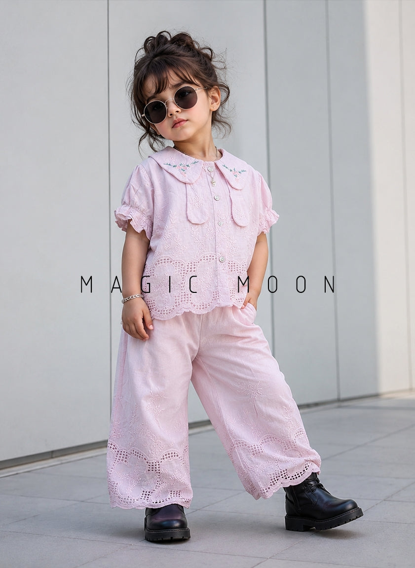 GST03 Girl's Half Sleeve Embroidered Top with Wide Leg Pant Set