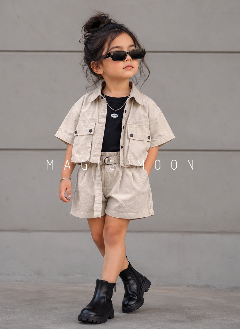GST02 Girls Half Sleeve Oversized Shirt with Inner T Shirt and Shorts Set