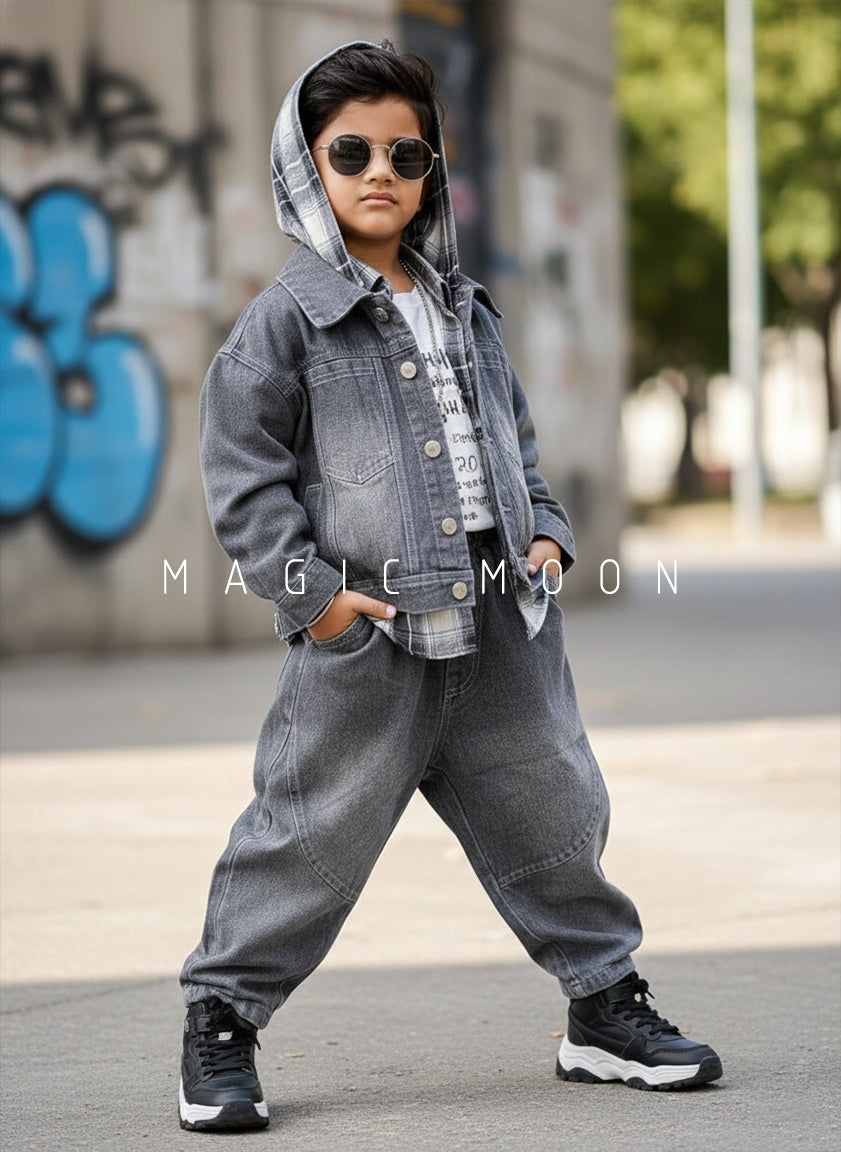 Unisex Full Sleeve Oversized Denim Hooded Jacket, Inner T Shirt and Pant Set