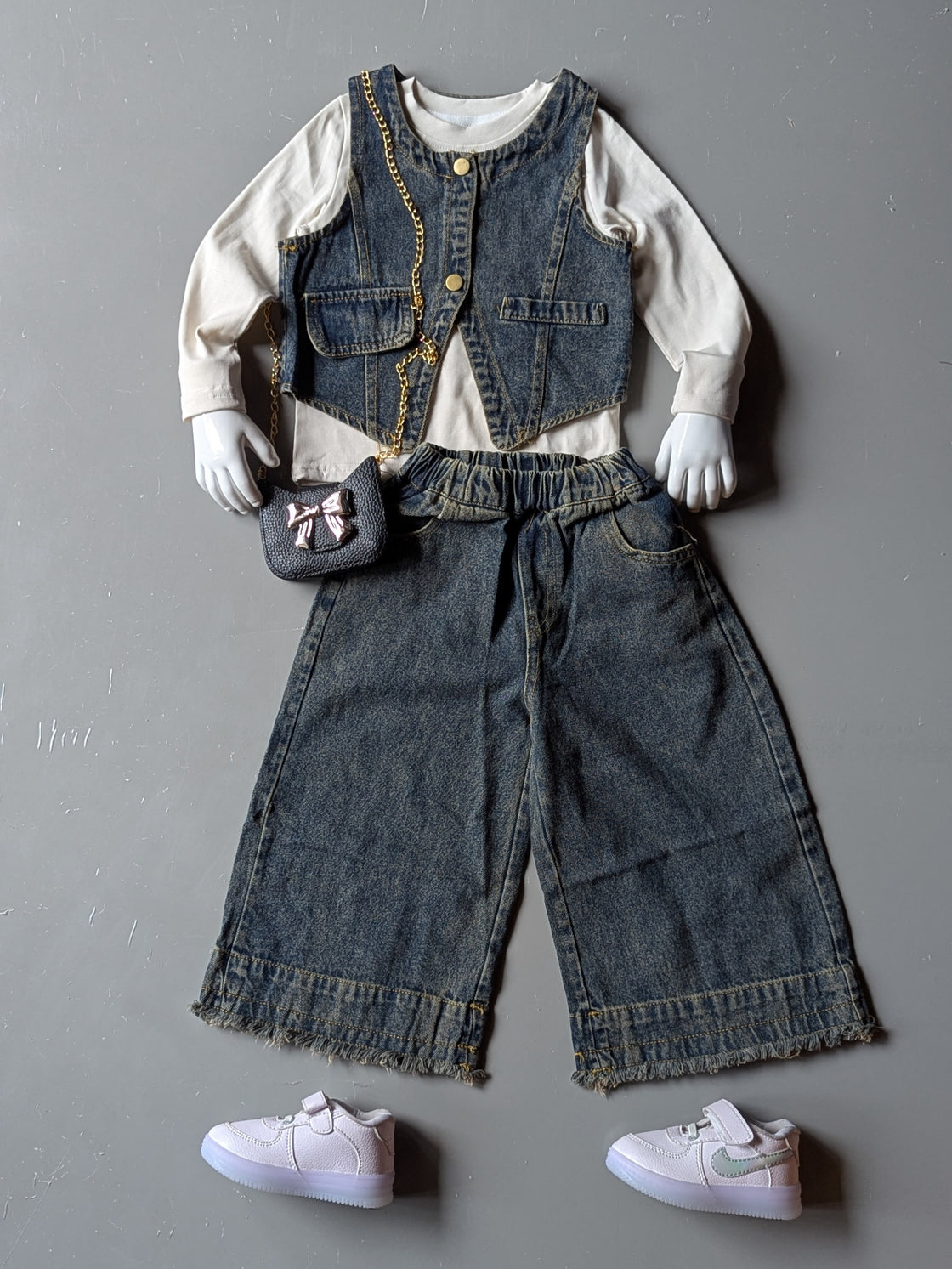 Full Sleeve Inner T Shirt, Denim Vest and Wide Leg Pant  with Bag set