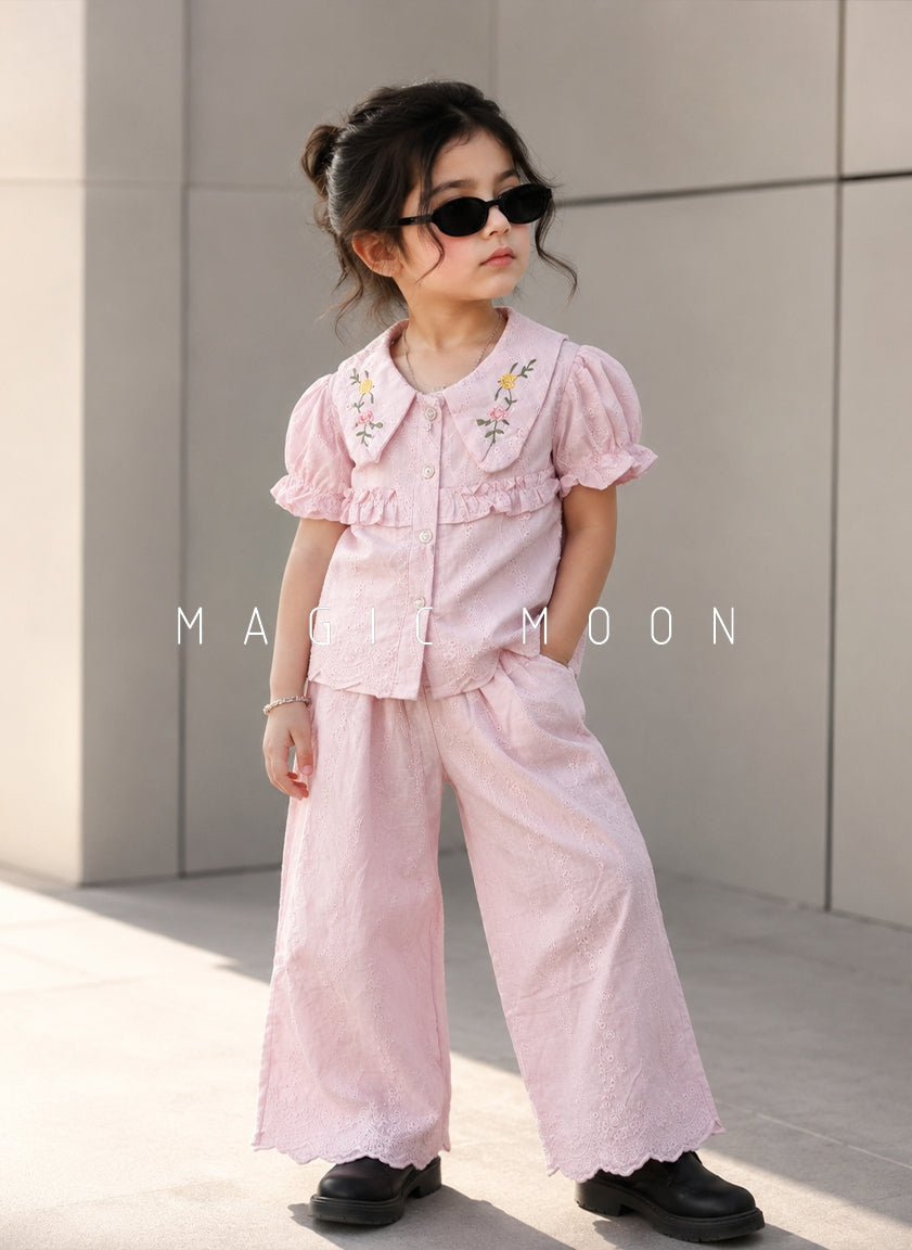 GST03 Girl's Half Sleeve Embroidered Top with Wide Leg Pant Set