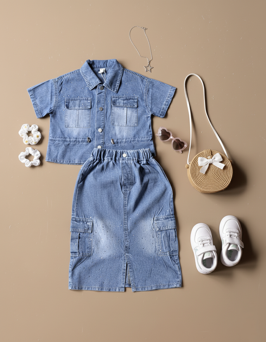 Girl's Half Sleeve Denim jacket and Skirt Set