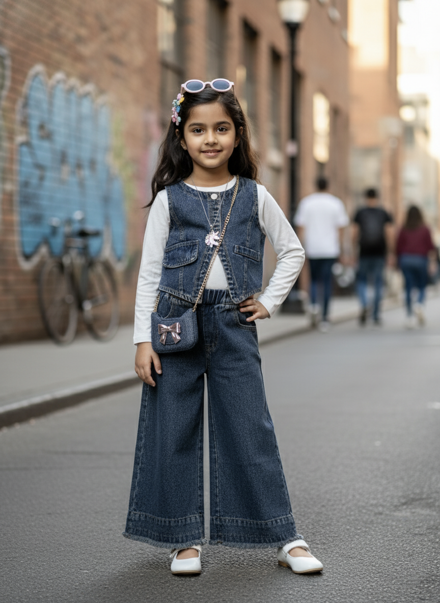 Full Sleeve Inner T Shirt, Denim Vest and Wide Leg Pant  with Bag set