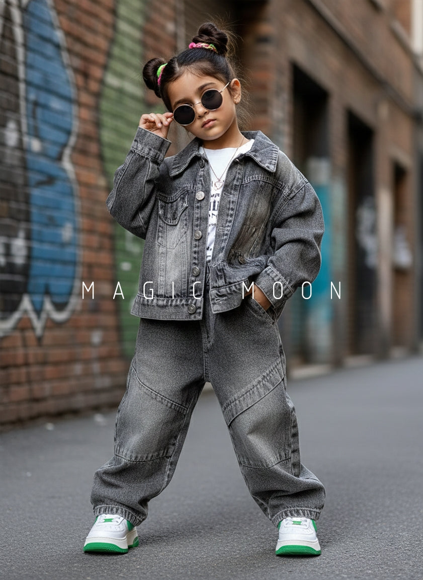 Unisex Full Sleeve Oversized Denim Jacket, Inner T Shirt and Pant Set