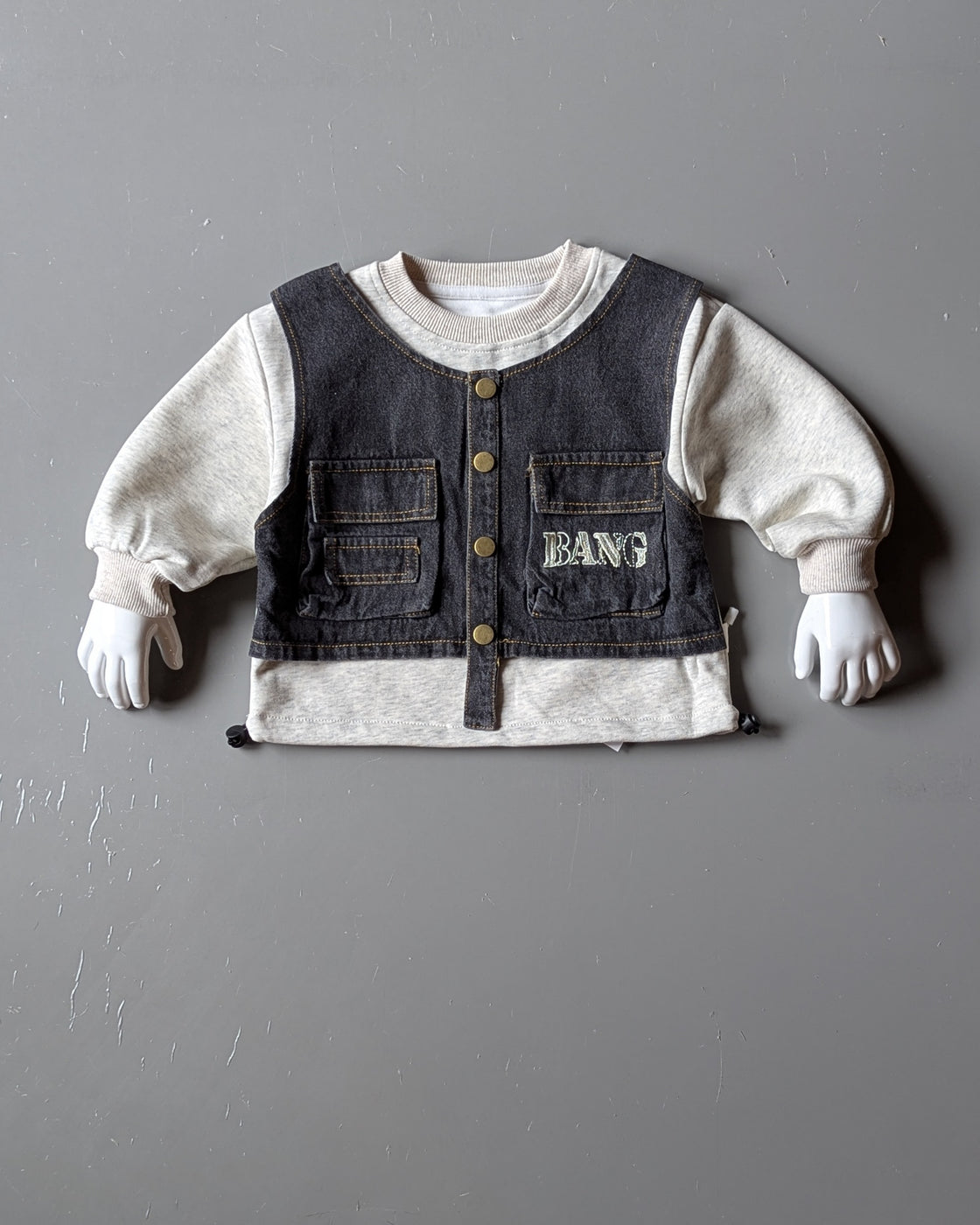 Unisex Full Sleeve Denim Attached Vest Oversized T Shirt