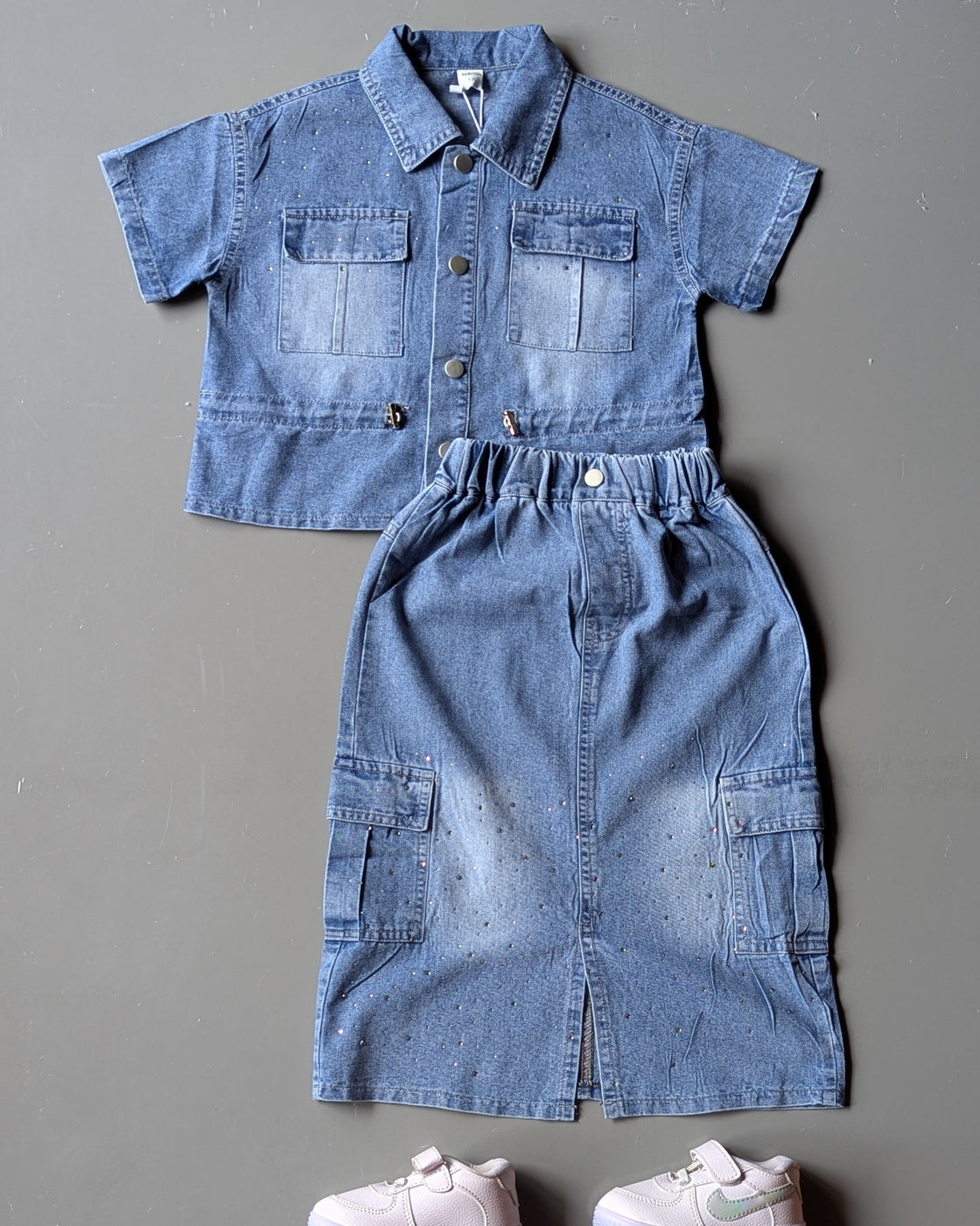 Girl's Half Sleeve Denim jacket and Skirt Set